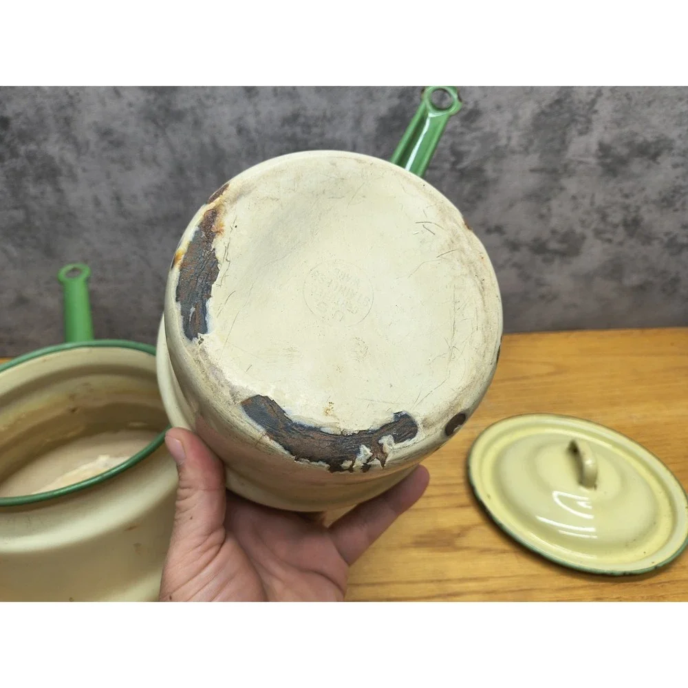 Vintage Enamelware Double‎ Boiler Cream Green Trim Circa 1930's - 40's Lid 3 Pcs